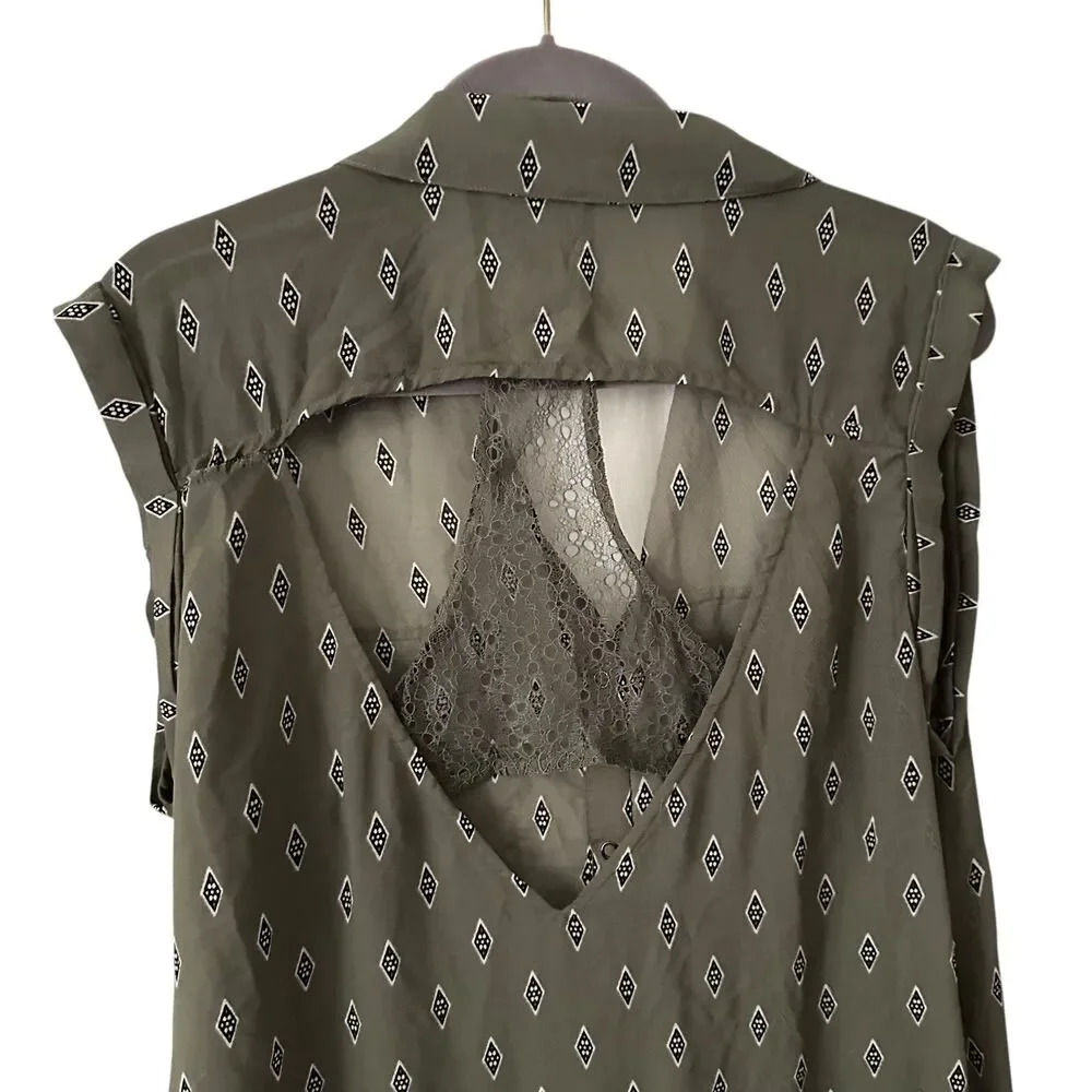 Free People Green and‎ Black Diamond Sheer V-Neck Sleeveless Midi Dress Size M - Picture 3 of 7